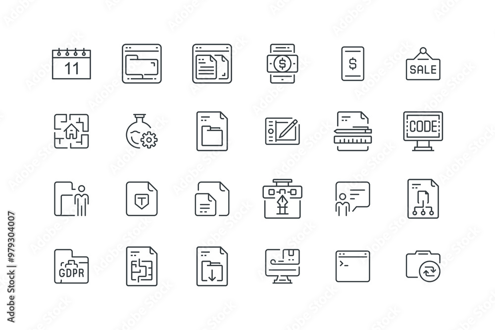 Browser Interface, Calendar, Camera, Cloud Storage, Code, Coding, Communication, Creative, Delivery, set of icons for web design, vector illustration Browser Interface, Calendar, Camera, Cloud Storage, Code, Coding, Communication, Creative, Delivery, set of icons for web design, vector illustration