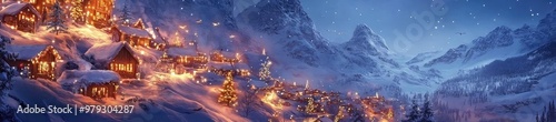 A magical winter scene with Santa flying above a snowy village, illuminated by warm lights under a starry night sky.