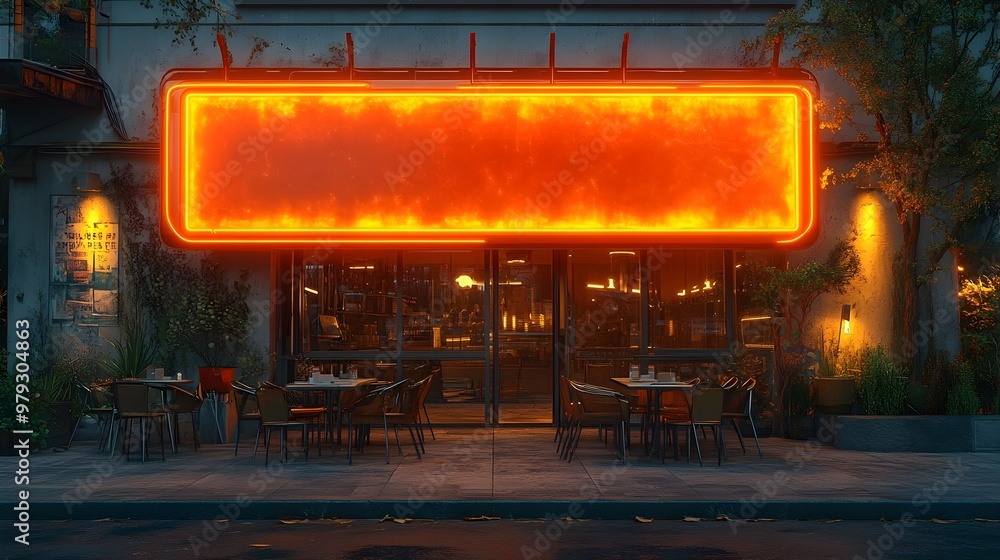 Futuristic Outdoor Cafe with Glowing Billboard and Sleek Metallic Accents Futuristic Outdoor Cafe with Glowing Billboard and Sleek Metallic Accents