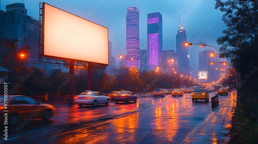 Obraz premium Illuminated Urban Billboard Scene with Skyscrapers and Busy Street at Dusk
