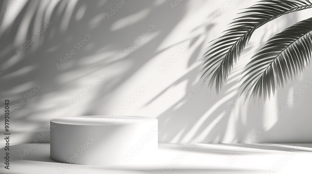 Blank minimal white counter podium, soft beautiful dappled sunlight, tropical palm foliage leaf shadow on wall for luxury hygiene organic cosmetic, skincare, beauty treatment product Blank minimal white counter podium, soft beautiful dappled sunlight, tropical palm foliage leaf shadow on wall for luxury hygiene organic cosmetic, skincare, beauty treatment product