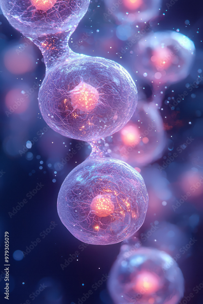Naklejka premium A microscopic view of dividing cells in the early stages of life, glowing softly,