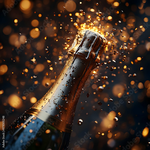 Golden Champagne Bottle Popping with Sparkling Particles - 3D Illustration photo