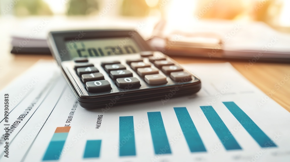 A calculator resting on a financial report showcasing bar graphs, symbolizing data analysis and budget management. A calculator resting on a financial report showcasing bar graphs, symbolizing data analysis and budget management.