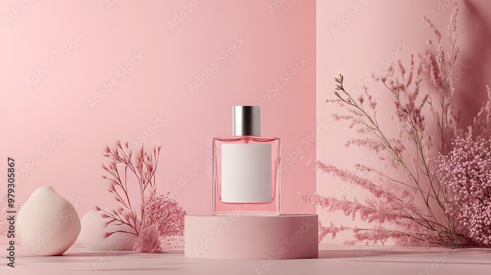A modern perfume bottle with a blank label, standing against a soft pastel background, surrounded by minimalist decor elements A modern perfume bottle with a blank label, standing against a soft pastel background, surrounded by minimalist decor elements