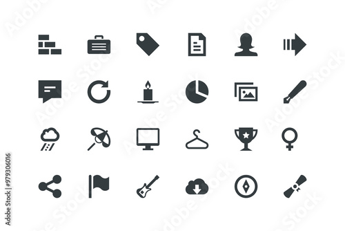 Arrow, Brick wall, Candle, Certificate, Compass, Download, Electric guitar, Flag, Gender, Goblet, set of icons for web design, vector illustration