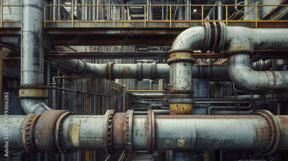 An industrial scene featuring a network of steel pipes, some insulated and others exposed An industrial scene featuring a network of steel pipes, some insulated and others exposed