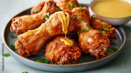 Deliciously crispy fried chicken drumsticks served with a tangy dipping sauce, perfect for parties and gatherings.