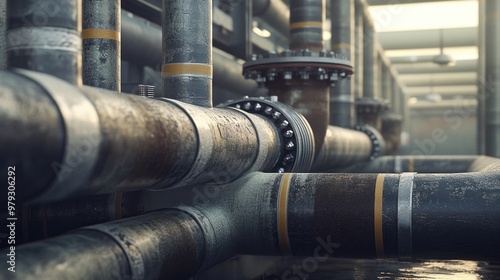 An industrial scene featuring a network of steel pipes, some insulated and others exposed