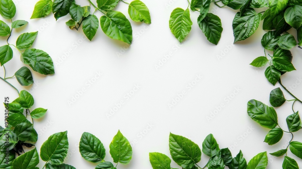Naklejka premium Green leaves frame on a white background, perfect for nature themed designs and eco friendly concepts Ideal for backgrounds or botanical illustrations