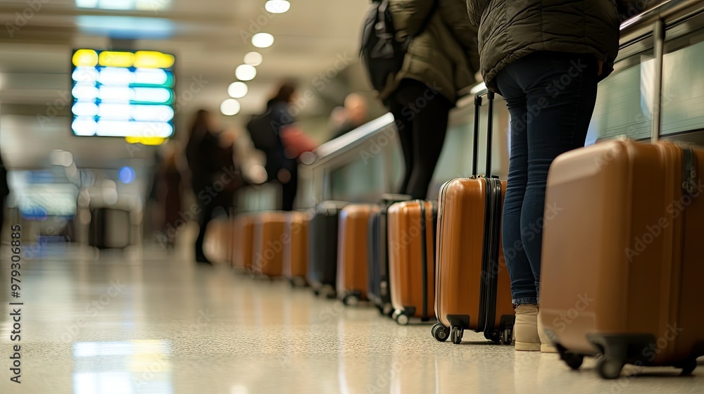 Fototapeta premium A row of passengers with suitcases waiting in line at an airport check-in counter, with the flight information board in view.