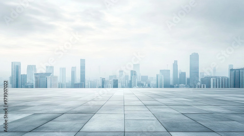 Empty tile floor with city skyscrapers in the background