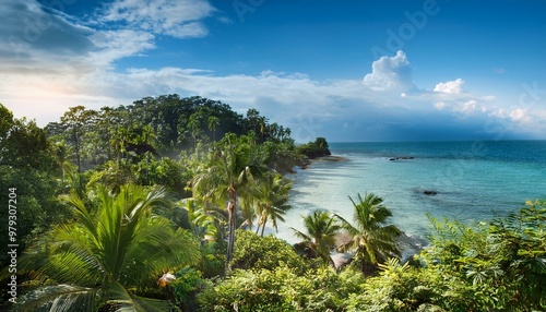 Lush tropical island paradise with dense foliage