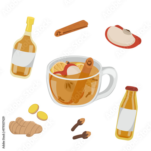 Vector image with a cup of winter or autumn drink. Image of alcoholic cocktail with apples, cinnamon and ginger.