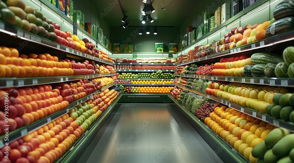 Fototapeta premium A grocery store fruits vegetables shelf front view, green interior, a lot of different product there. Generative AI.