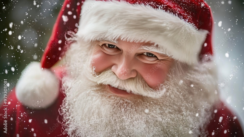 Joyful Santa Claus with a white beard and red hat, surrounded by falling snow, embodying the spirit of Christmas cheer. Joyful Santa Claus with a white beard and red hat, surrounded by falling snow, embodying the spirit of Christmas cheer.