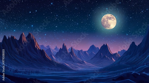 Nighttime landscape with full moon over mountains creating ethereal atmosphere 