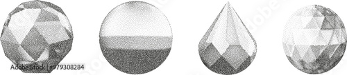 3D vector gradient geometric shapes with noise effect. Cube, cylinder, triangle, rhombus with grainy dot texture.