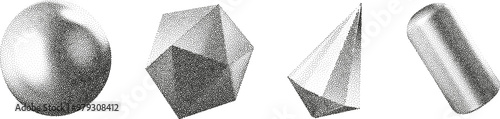 3D vector gradient geometric shapes with noise effect. Cube, cylinder, triangle, rhombus with grainy dot texture.
