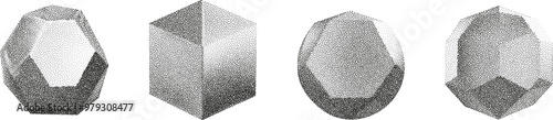 3D vector gradient geometric shapes with noise effect. Cube, cylinder, triangle, rhombus with grainy dot texture.