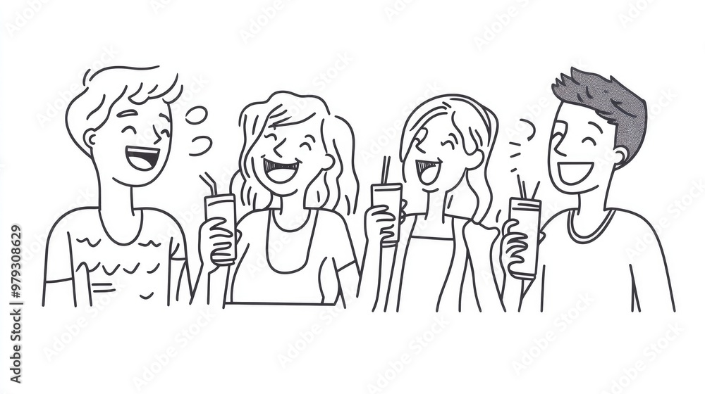 Simple line art depicting a group of friends holding drinks and laughing, a minimalist celebration of togetherness. Simple line art depicting a group of friends holding drinks and laughing, a minimalist celebration of togetherness.
