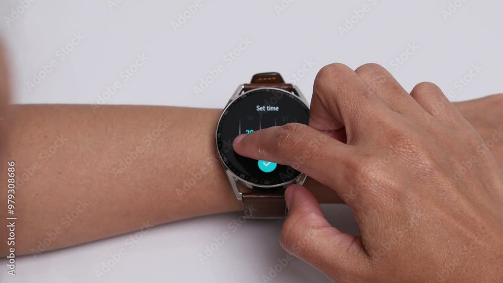 Woman using smartwatch close-up. Setting an alarm on smartwatch. Woman using smartwatch close-up. Setting an alarm on smartwatch.
