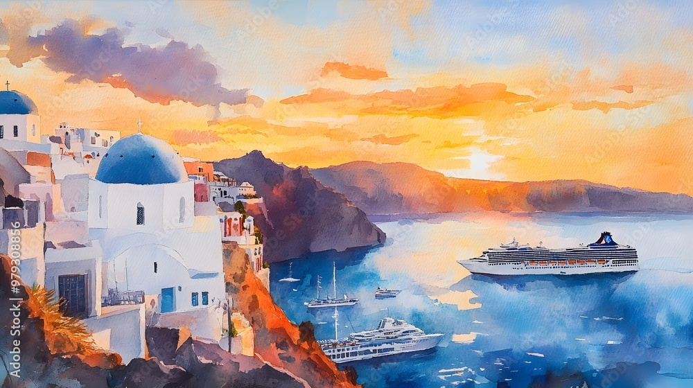 Fototapeta premium Watercolor painting of a sunset in Santorini, with cruise ships at sea
