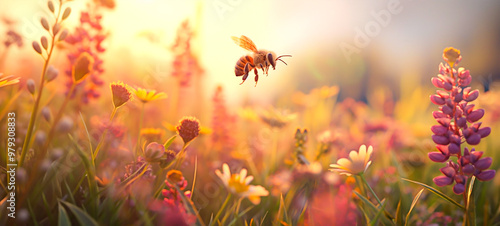 Golden hour bee pollination amidst blooming flower. Nature’s harmony. Tranquil wildlife moment.