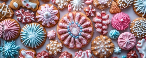 A vibrant assortment of decorated cookies showcasing intricate designs and bright colors, perfect for festive celebrations.