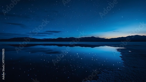 Wallpaper Mural A serene nighttime landscape of a salt flat with reflective water, silhouetted mountains, and a starry sky.  Torontodigital.ca