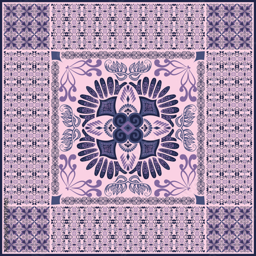 Hijab scarf flower abstract pattern.Ethnic geometric ornament with frame motif border hijab pattern.Design for fabric,print,scarves,shawl,kerchief,bandana,clothing,pareo,pillows,tablecloth,decoration.