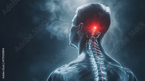 Man suffering from neck pain. Neck Pain. Cervical spine skeleton x-ray, medical concept. photo