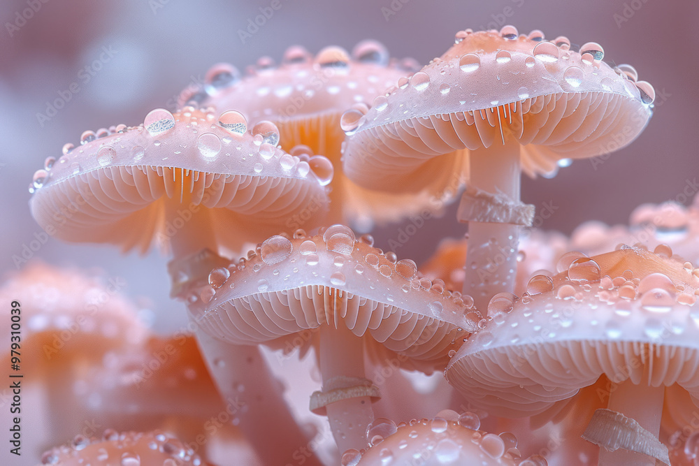 Close-up of tiny, pure white porcelain mushrooms with delicate caps, catching the light beautifully, Close-up of tiny, pure white porcelain mushrooms with delicate caps, catching the light beautifully,