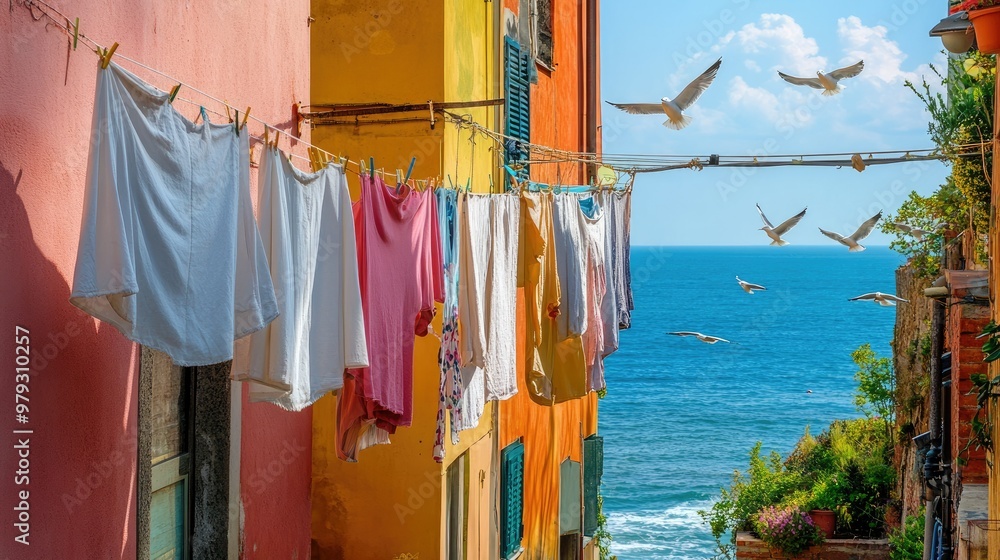 Colorful laundry hanging to dry in a charming coastal village, with ocean waves and seagulls in the distance. Colorful laundry hanging to dry in a charming coastal village, with ocean waves and seagulls in the distance.