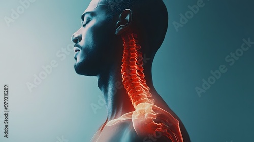 Man suffering from neck pain. Neck Pain. Cervical spine skeleton x-ray, medical concept. photo