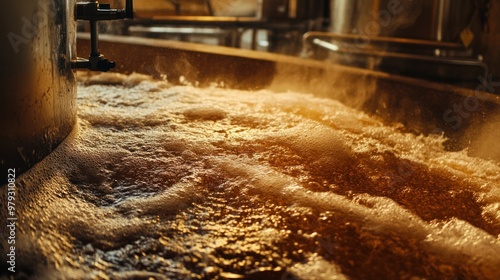 A close-up of the mashing process, where milled malt is mixed with hot water to extract sugars photo