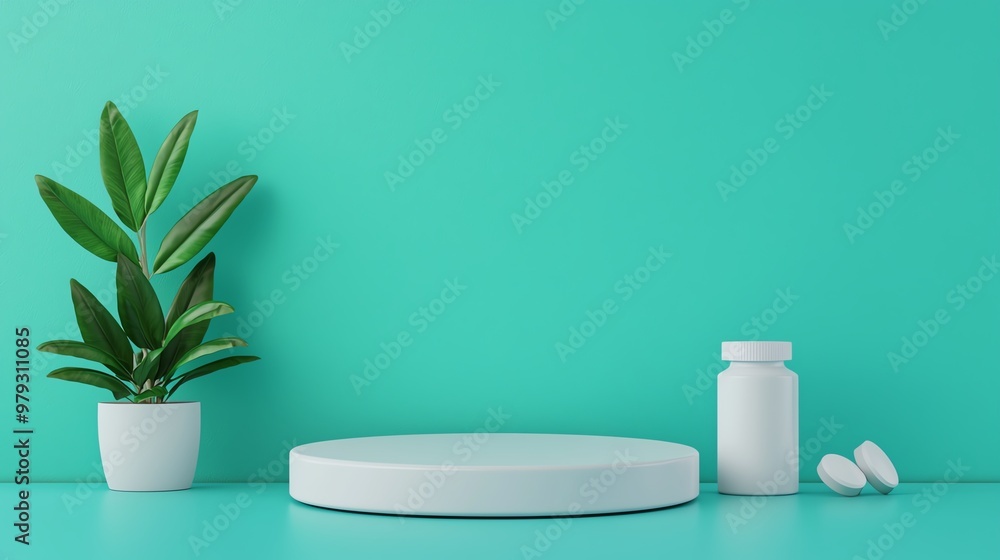 A minimalist scene featuring a plant, circular platform, and pill bottle against a vibrant turquoise background. A minimalist scene featuring a plant, circular platform, and pill bottle against a vibrant turquoise background.