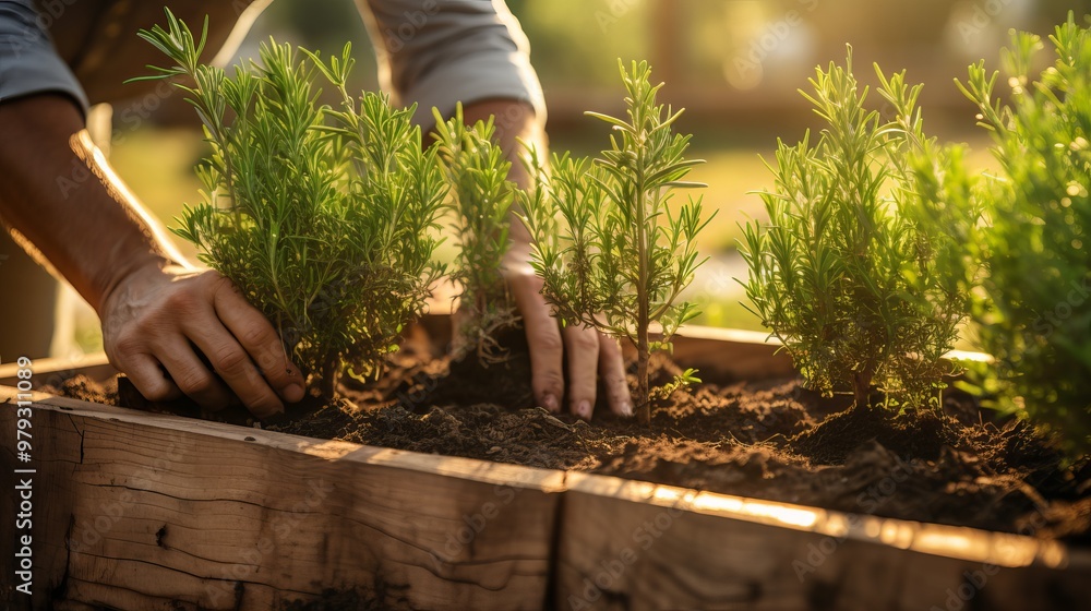 Gardener tending to rosemary plants in wooden planter during golden hour at outdoor garden Gardener tending to rosemary plants in wooden planter during golden hour at outdoor garden