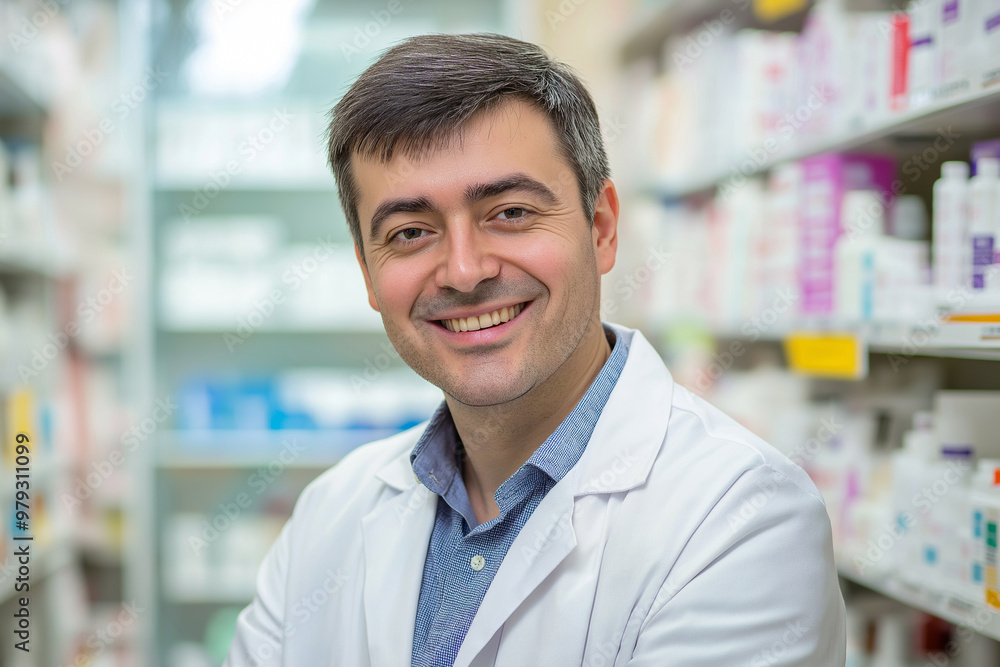 Portrait of confident male Pharmacist with smiling looking at camera in a drugstore or hospital Portrait of confident male Pharmacist with smiling looking at camera in a drugstore or hospital