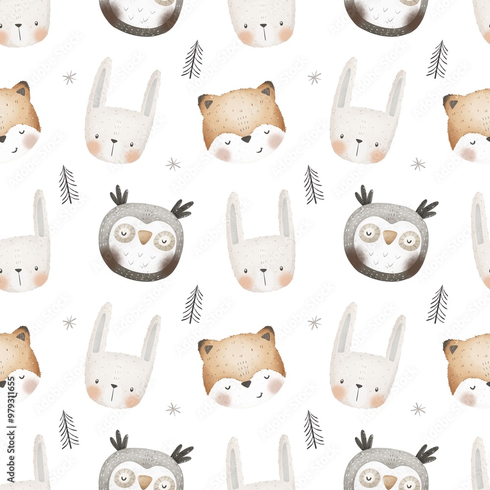 Obraz premium Seamless pattern with cartoon animals. Forest. flat style. hand drawing. Baby design for fabric, textile, print, wrapper.