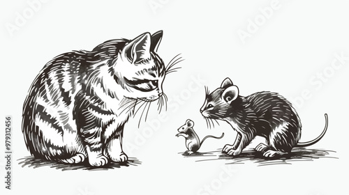 Cat And Mouse Lined Vector Illustration