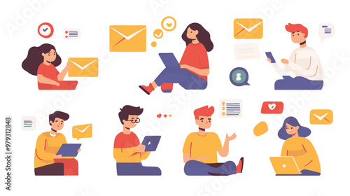 Live support concept and customer care icon set for contacting business services. Flat vector illustration
