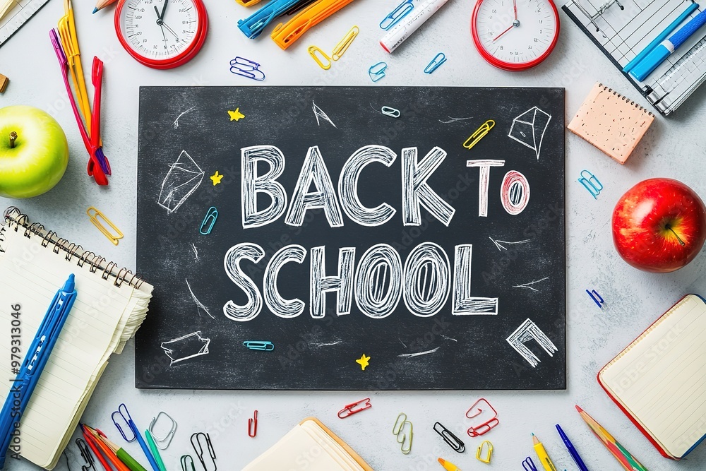School supplies on blackboard background ready for your design - concept back to school School supplies on blackboard background ready for your design - concept back to school