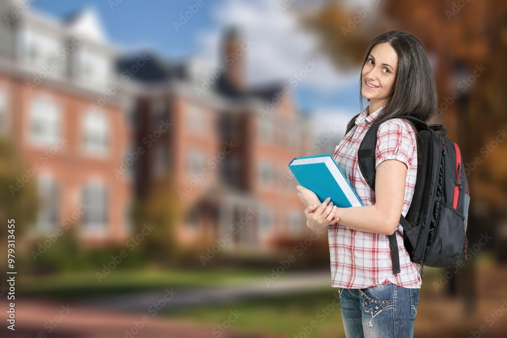 Obraz premium Online education. Happy beautiful woman in campus