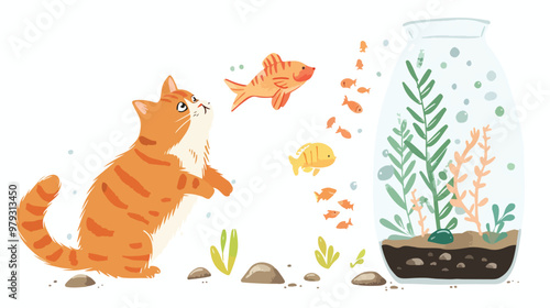 Playful Cat Interacting with Colorful Aquarium Fish - Vector Illustration