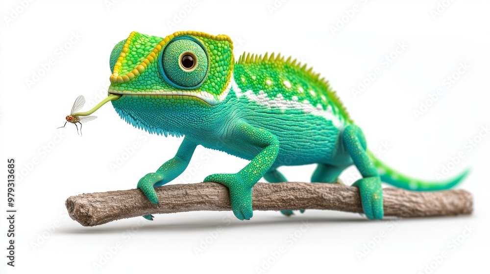 Green Chameleon Catching Fly on Branch Isolated on White Background Green Chameleon Catching Fly on Branch Isolated on White Background