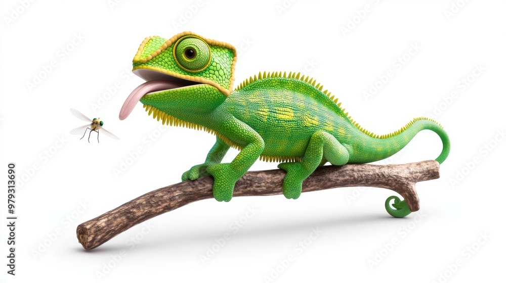 Cartoon Chameleon Catching Fly on Branch Cartoon Chameleon Catching Fly on Branch
