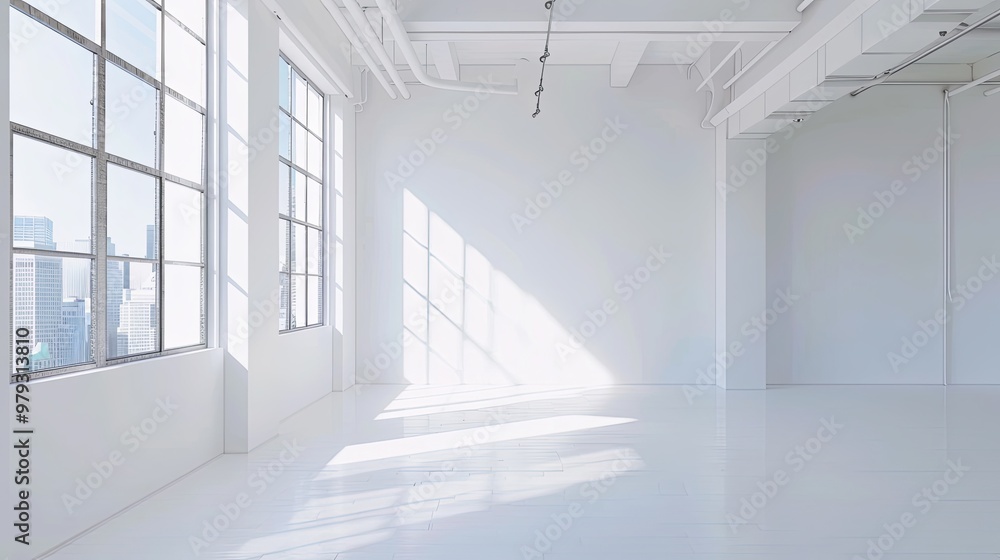 Stylish Minimalist Interior with Expansive Window, Natural Light, and Serene Atmosphere. Modern Aesthetics and Negative Space Design Stylish Minimalist Interior with Expansive Window, Natural Light, and Serene Atmosphere. Modern Aesthetics and Negative Space Design