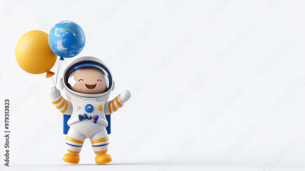 Happy Astronaut Holding Balloons with Earth Illustration Happy Astronaut Holding Balloons with Earth Illustration
