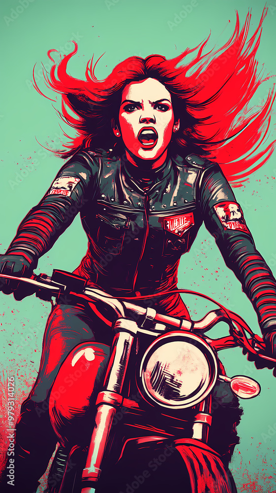 Obraz premium A girl with a helmet on a superbike in Tokyo, depicted in a serigraphy cyberpunk vintage style.
